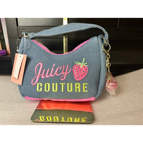 Juicy Couture Handbags - NWT Juicy Couture Kids Strawberry Denim Mini Shoulder Bag Y2K Rhinestone Purse